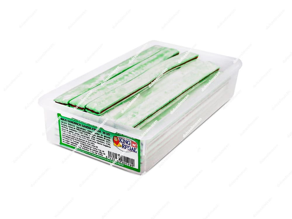 Tarro transparente de 30 unidades de King Regal Maxi Sandwich Sandía mostrando las gominolas alargadas verdes y blancas - Dulcealmacen