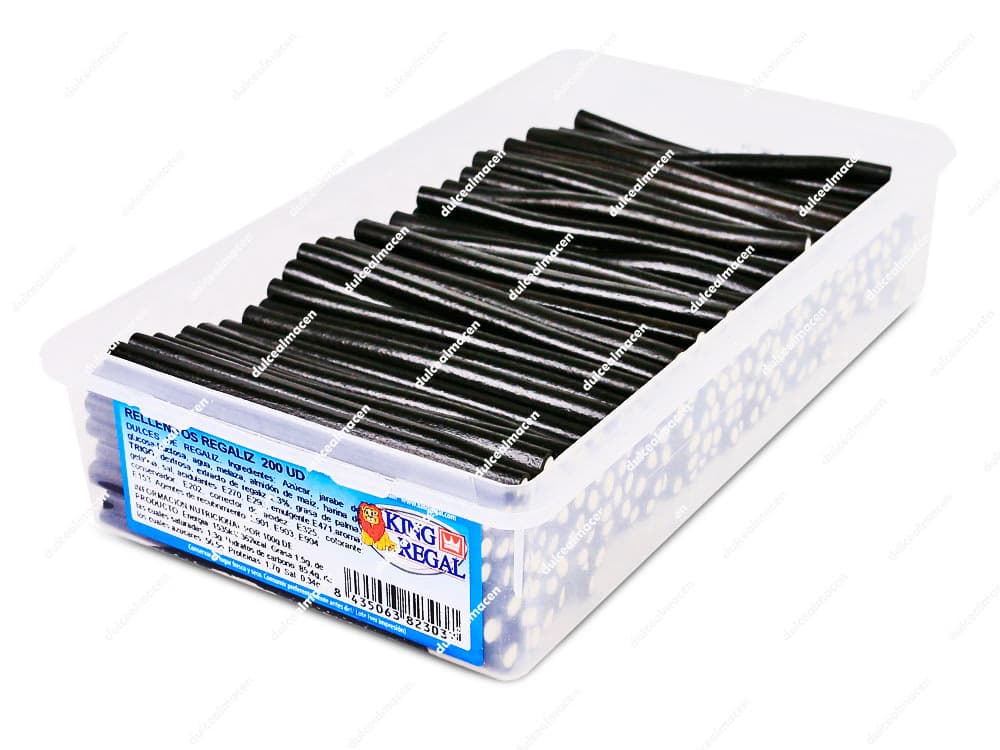 Bote contenedor con barritas de regaliz negro rellenas de crema blanca King Regal Rellenito Regaliz 200 uds de Dulcealmacen