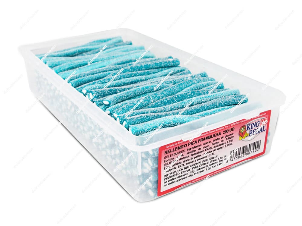 Bote contenedor con barritas de regaliz azul pica frambuesa rellenas de crema blanca King Regal Rellenito Pica Frambuesa 200 uds de Dulcealmacen