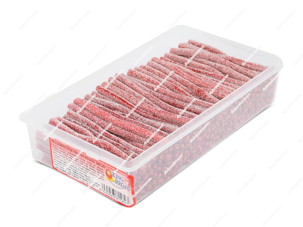 Bote contenedor con barritas de regaliz pica frutos rojos rellenas de crema blanca King Regal Rellenito Pica Frutos Rojos 200 uds de Dulcealmacen