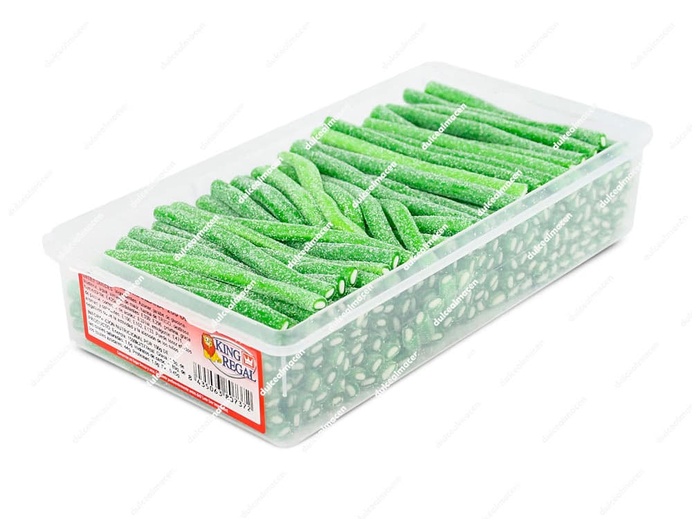Estuche transparente de 200 unidades de rellenitos pica manzana de King Regal, regalices verdes con azúcar ácido - Dulcealmacen