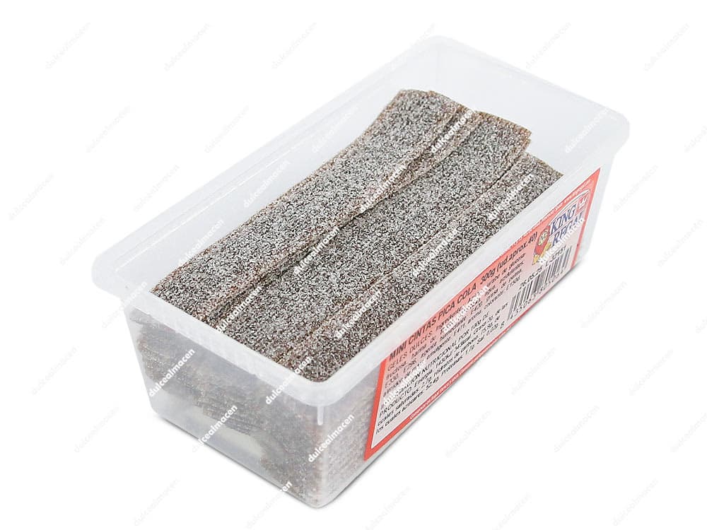 Cajita con cintas de regaliz plano sabor cola pica pica King Regal Lengua Cola de Dulcealmacen