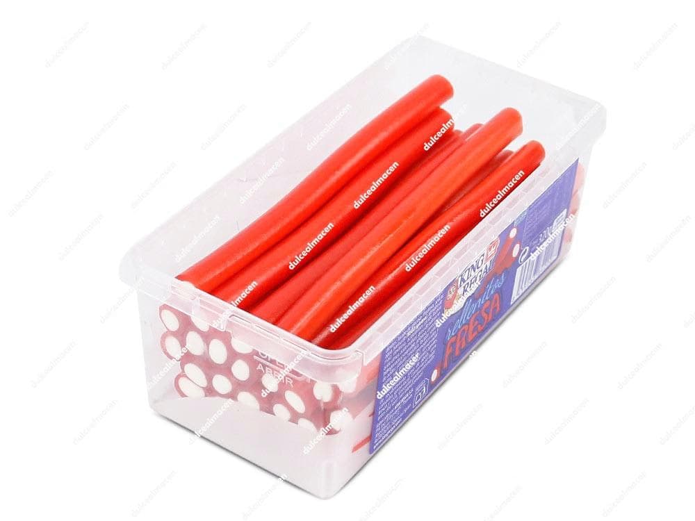 Tarro de regaliz rojo relleno King Rellenito Fresa de 300g con geles dulces de sabor fresa de Dulcealmacen