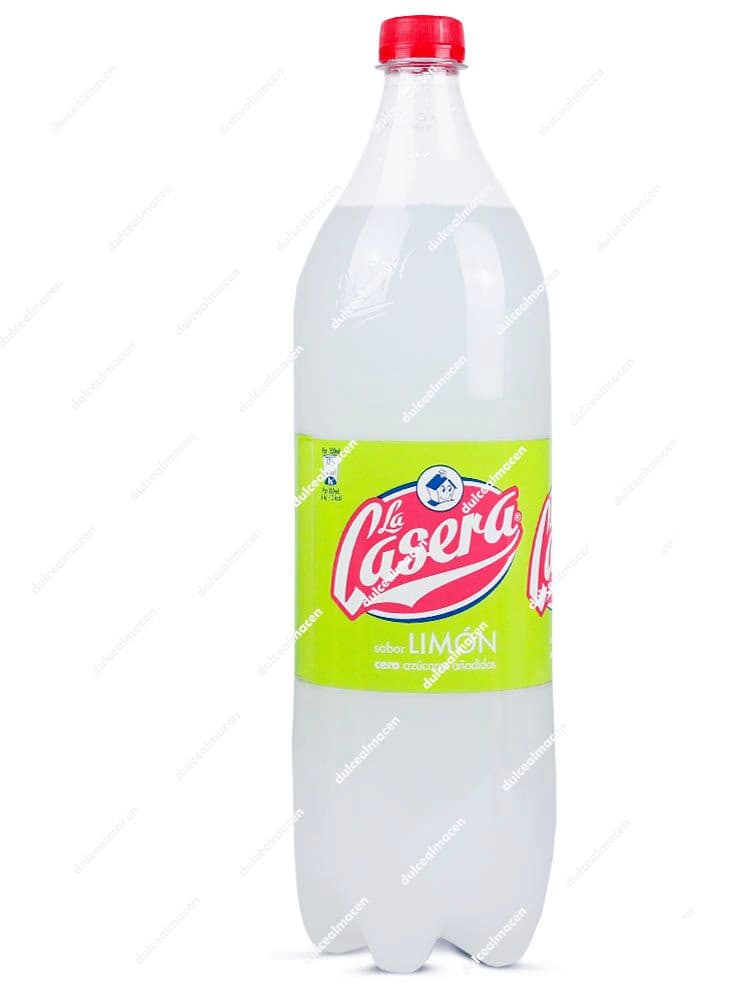 Botella de 1,5 litros de refresco La Casera sabor Limón con etiqueta verde lima indicando zero azúcares añadidos sobre fondo blanco en Dulcealmacen
