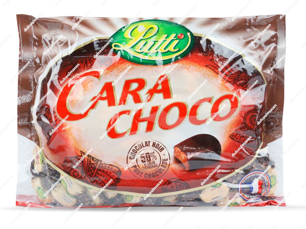 Bolsa de un kilogramo de Lacasa Caramelos Carachoco Lutti con ilustraciones de toffees blandos rellenos de chocolate negro - Dulcealmacen