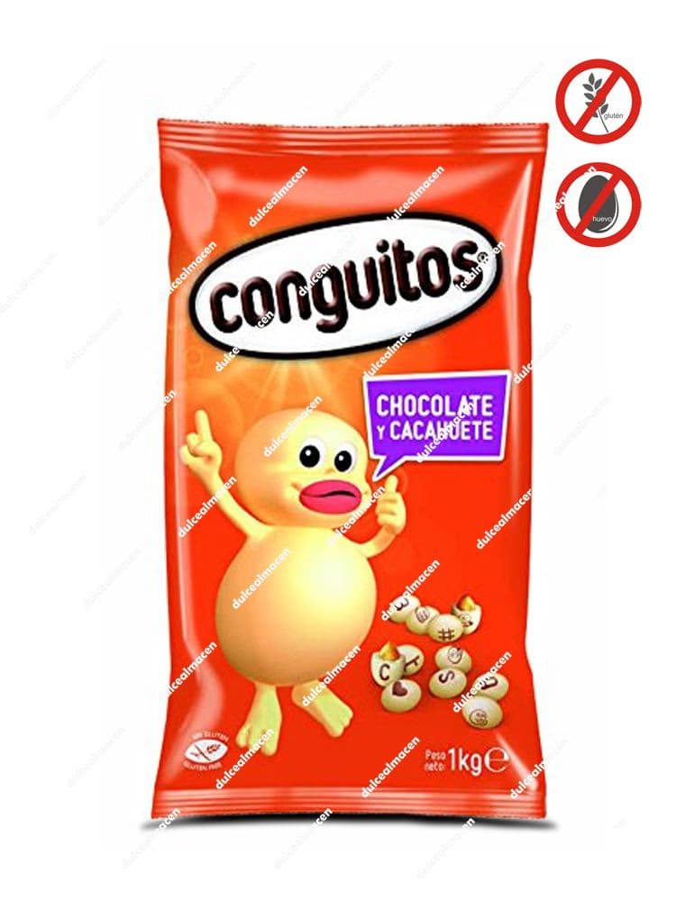 Bolsa naranja de un kilogramo de Lacasa Conguito Blanco 1 kg con ilustraciones de cacahuetes con chocolate blanco y logotipos oficiales de libre de gluten y sin huevo - Dulcealmacen