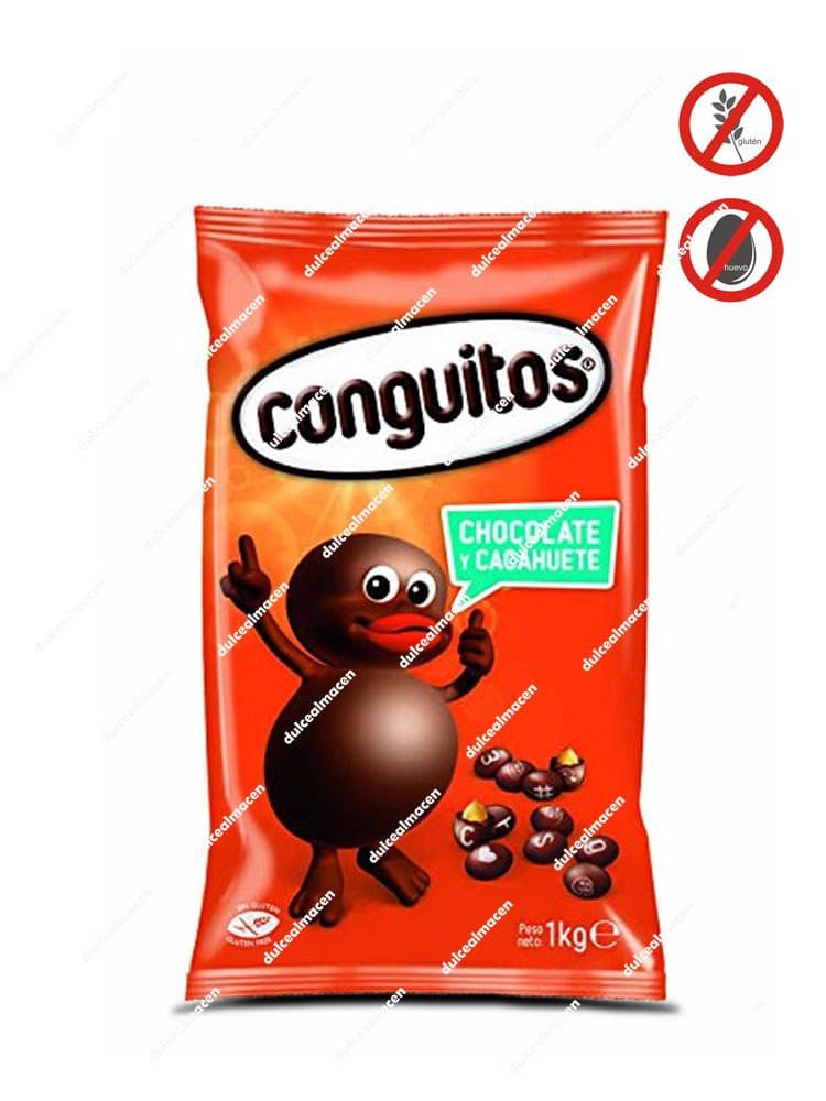 Bolsa naranja de un kilogramo de Lacasa Conguito Negro 1 kg con ilustraciones de cacahuetes con chocolate negro y logos libres de gluten y huevo - Dulcealmacen