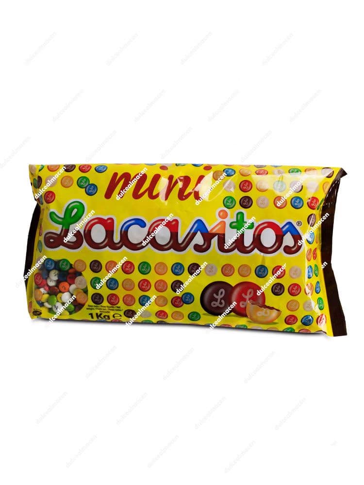 Bolsa de un kilogramo de color amarillo Lacasa Lacasitos Mini 1 kg con grageas de chocolate con leche de colores libres de gluten - Dulcealmacen