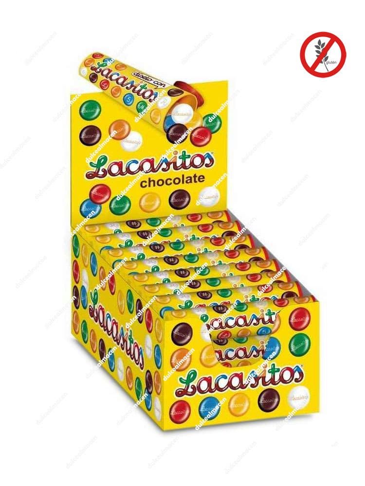 Juguete expendedor amarillo de Lacasa Lacasitos Dispensador 150g con ventana transparente llena de grageas de chocolate de colores en su caja decorada - Dulcealmacen