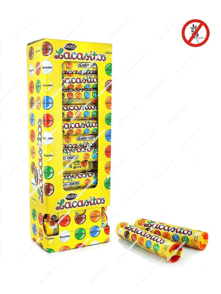 Caja expositora amarilla de Lacasitos Tubo 36 uds con envases cilíndricos y grageas de chocolate con leche de colores libres de gluten - Dulcealmacen