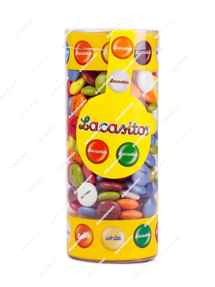 Envase cilíndrico de plástico transparente Lacasa Lacasitos Bote 225 gr lleno de grageas de chocolate de colores con decoraciones amarillas de la marca - Dulcealmacen