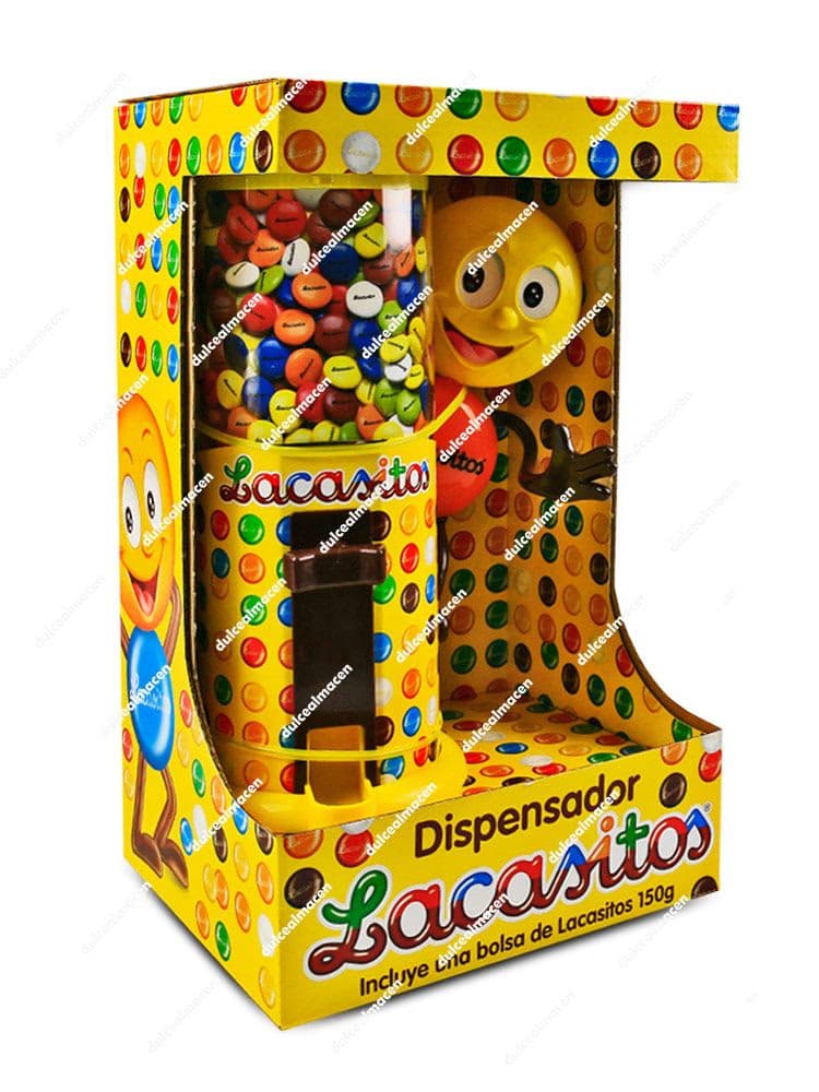 Juguete expendedor amarillo de Lacasa Lacasitos Dispensador 150g con ventana transparente llena de grageas de chocolate de colores en su caja decorada - Dulcealmacen