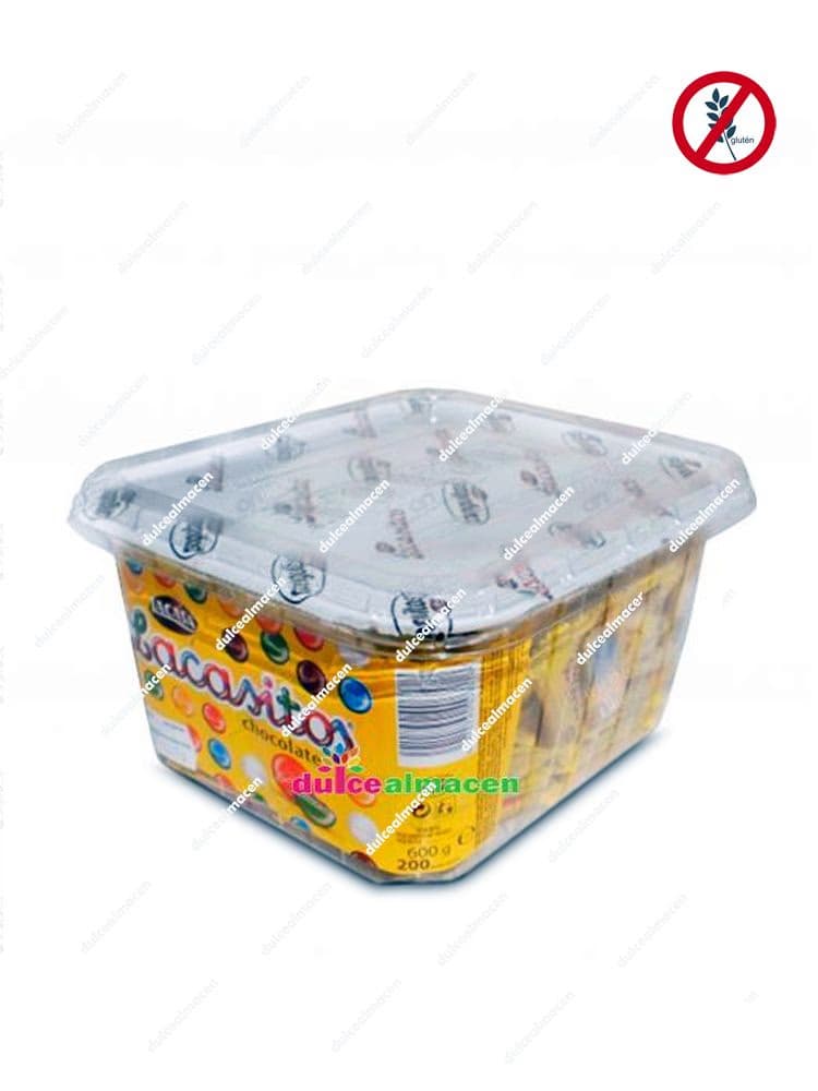 Caja expositora de Lacasa Lacasitos Pack-3 200 uds con paquetes individuales de tres grageas de chocolate de colores sin gluten - Dulcealmacen