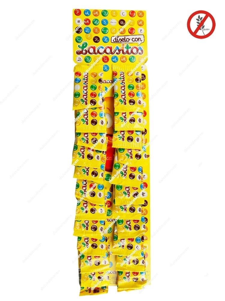 Tira expositora vertical de cartón amarillo de Lacasa Lacasitos Panoplia 24 uds con bolsas individuales de grageas de chocolate con leche sin gluten - Dulcealmacen