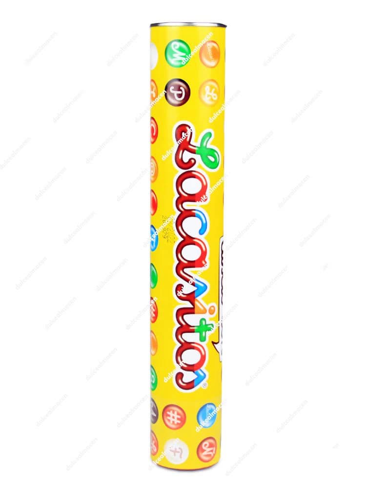 Envase cilíndrico de cartón amarillo de Lacasa Lacasitos Semitubo 500 gr con ilustraciones de grageas de chocolate de colores - Dulcealmacen