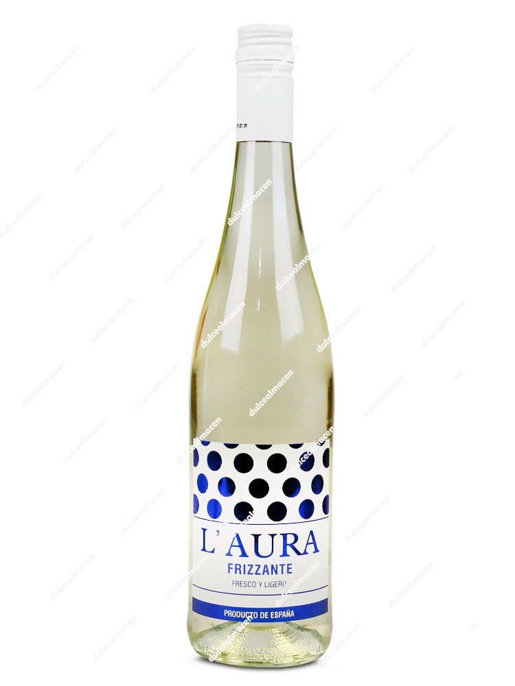 Botella de 75 cl de Vino Blanco L'Aura Frizzante con etiqueta blanca de lunares azules indicando producto de España sobre fondo blanco en Dulcealmacen