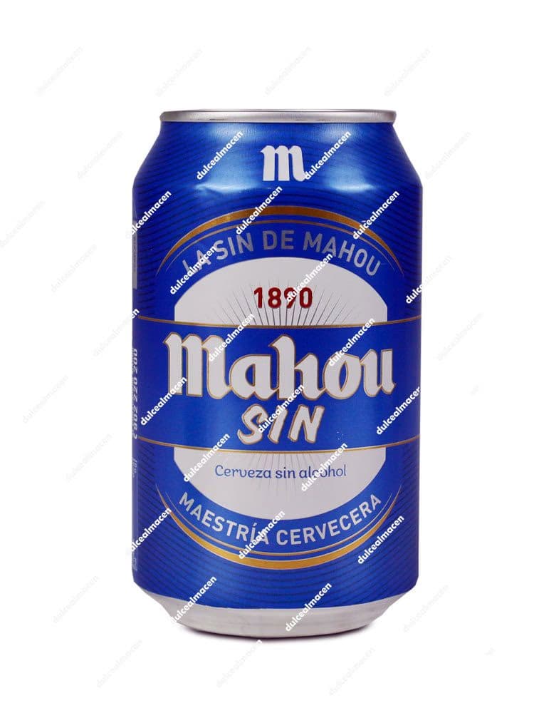 Lata azul de 33 cl de Cerveza Mahou Sin Alcohol con detalles blancos y dorados indicando Maestría Cervecera sobre fondo blanco en Dulcealmacen