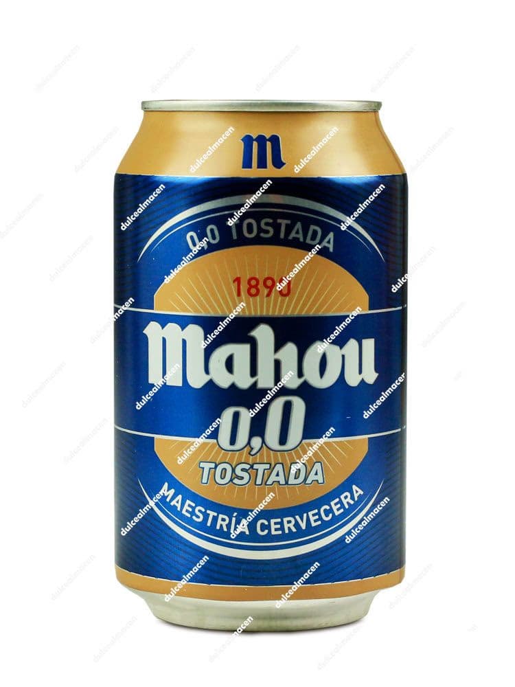 Lata de 33 cl de Cerveza Mahou 0,0 Tostada con diseño azul y dorado indicando Maestría Cervecera sobre fondo blanco en Dulcealmacen