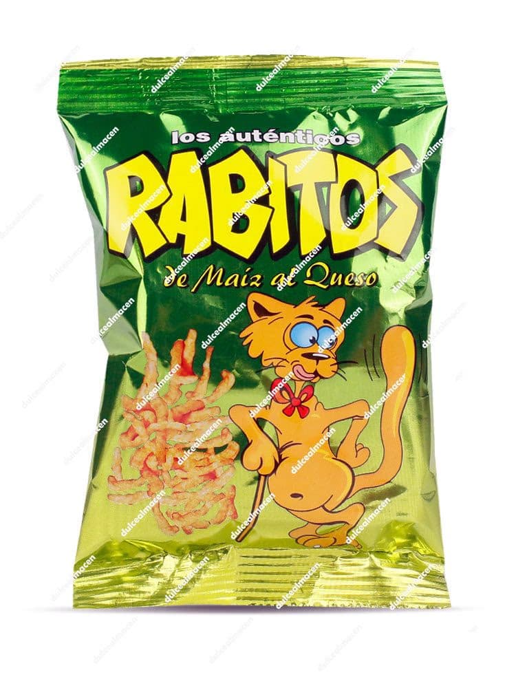 Bolsa verde metalizada de Marín Rabitos de Maíz al Queso con el dibujo de un gato naranja con lazo rojo y los snacks de maíz - Dulcealmacen