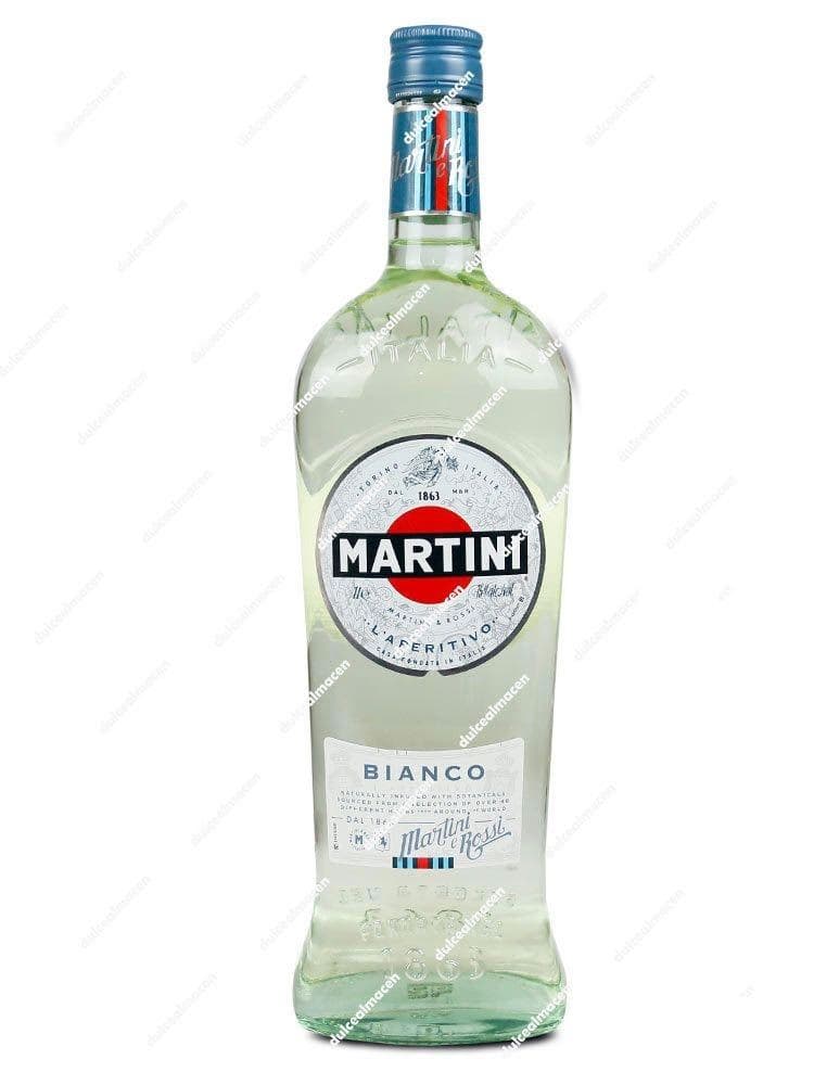 Botella de cristal transparente de Martini Vermouth Blanco 1L con etiqueta circular blanca y logo rojo de Martini - Dulcealmacen