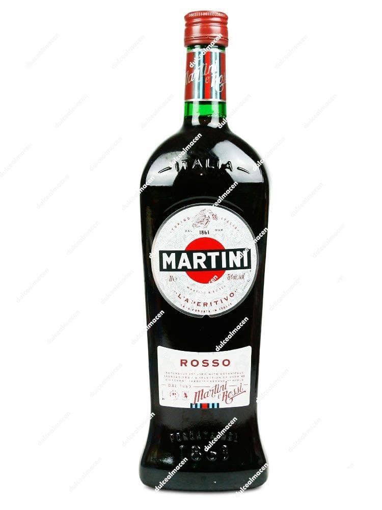 Botella de cristal oscuro de Martini Vermouth Rojo 1L con etiqueta circular blanca y logo Martini en rojo - Dulcealmacen