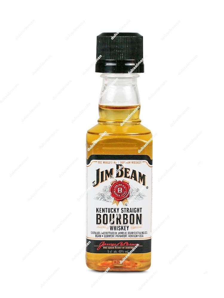 Botellita miniatura de cristal de Mini Jim Beam 50 ml con etiqueta blanca y logo rojo - Dulcealmacen