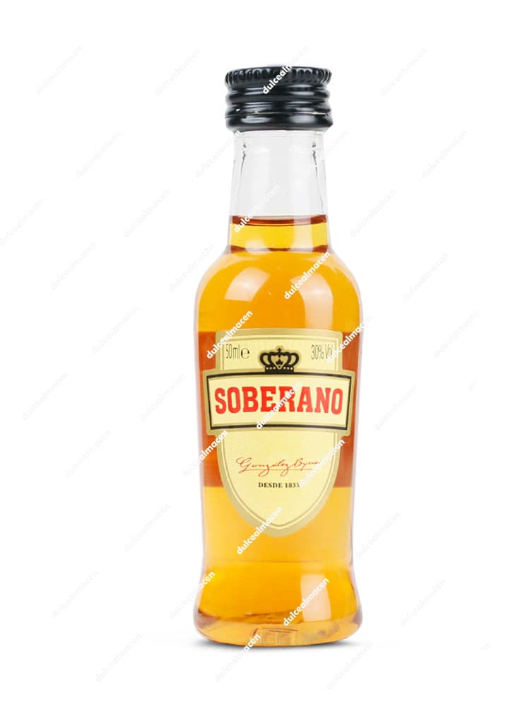 Botellita miniatura de Brandy Soberano de 50ml con etiqueta dorada y tapón negro de rosca - Dulcealmacen