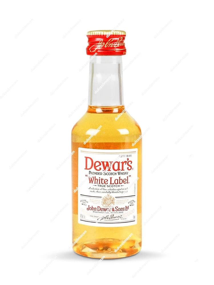 Botellita miniatura de cristal de Mini White Label 50 ml con etiqueta blanca y detalles rojos de Dewar's - Dulcealmacen
