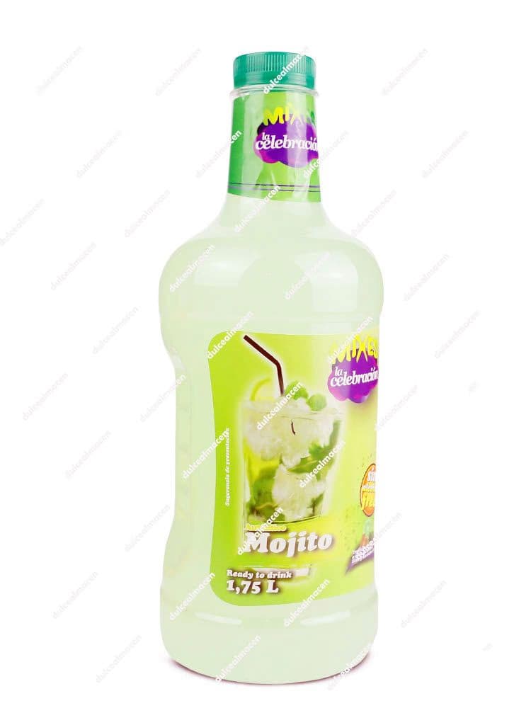 Botella de 1.75 litros de Mixes Coctel sabor Mojito Sin Alcohol con diseño verde y dibujo de limas sobre fondo blanco en Dulcealmacen