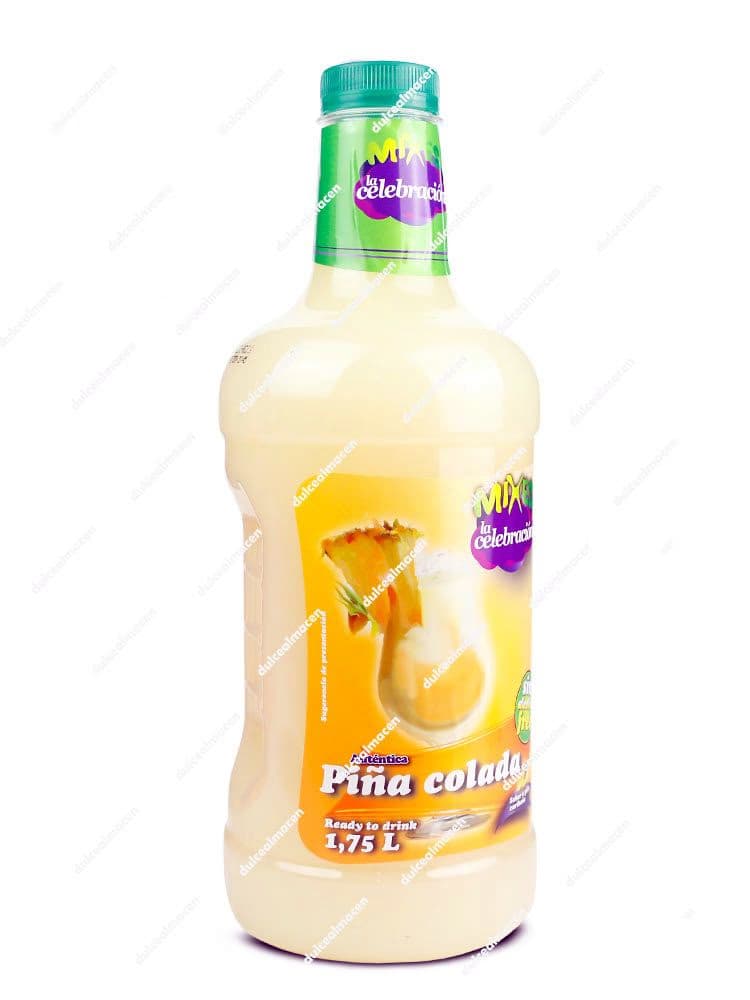 Botella de 1,75 litros de Mixes Coctel Piña Colada Sin Alcohol con etiqueta amarilla, imagen de una piña y textura cremosa - Dulcealmacen
