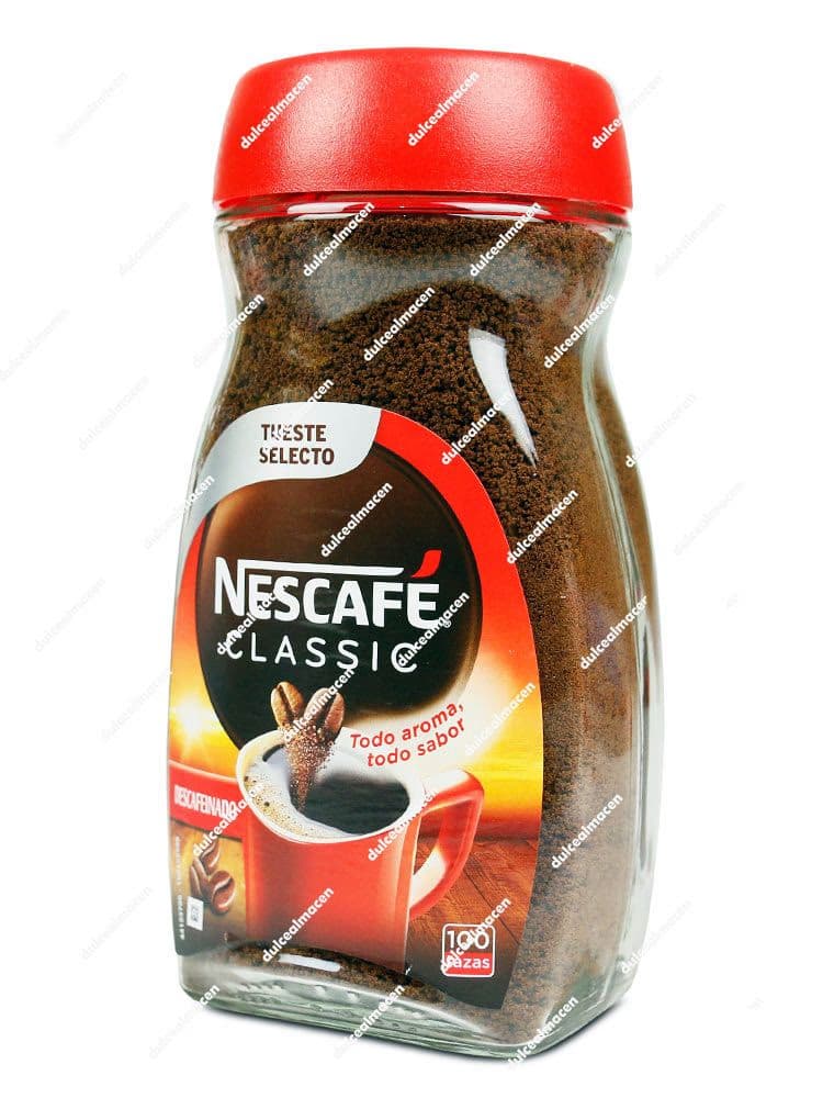 Frasco de cristal de 200 g de Nescafé Classic Descafeinado con tapa roja y etiqueta con taza de café roja - Dulcealmacen