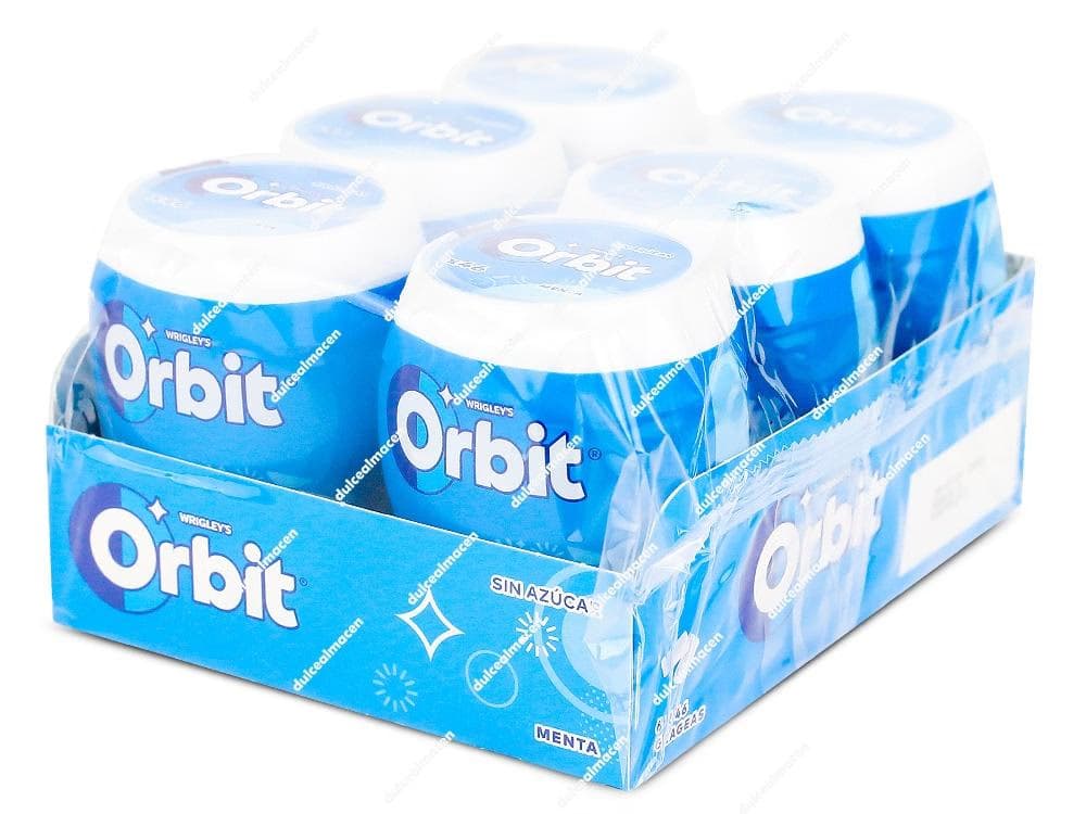 Caja de 6 botes de chicles Orbit Menta sin azúcar en formato expositor transparente - Dulcealmacen