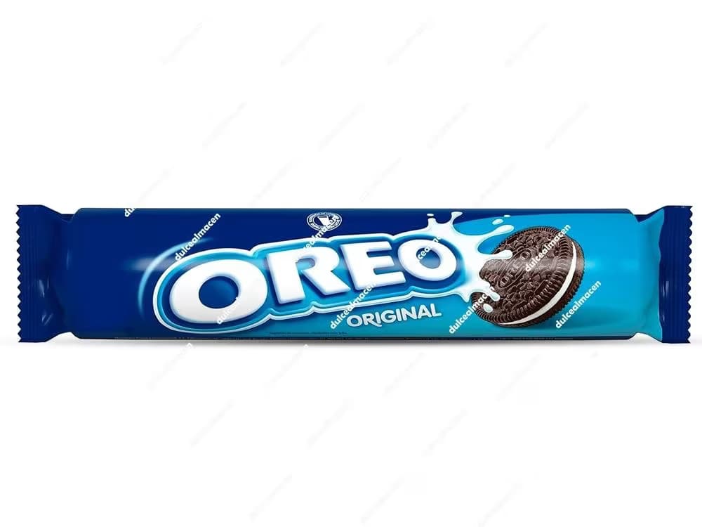 Envase tipo rodillo azul de galletas Oreo Original de 154g mostrando la icónica galleta rellena de crema blanca - Dulcealmacen