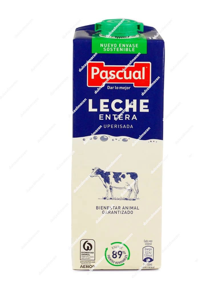 Envío de brik de 1 litro de Leche Entera Pascual con diseño azul y blanco destacando el sello de Bienestar Animal AENOR sobre fondo blanco en Dulcealmacen