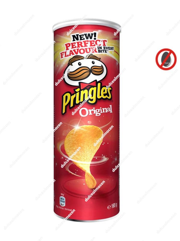 Bote grande de Pringles de color rojo sabor Original de 165 gramos, mostrando la icónica cara del Sr. P y la ilustración de las patatas apiladas - Dulcealmacen