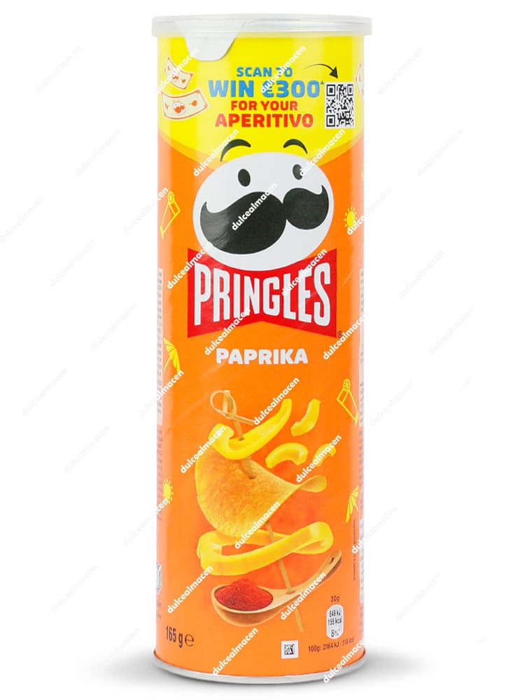 Bote grande de Pringles de color naranja sabor Paprika de 165 gramos, mostrando el logotipo de la marca y una ilustración de pimentón - Dulcealmacen