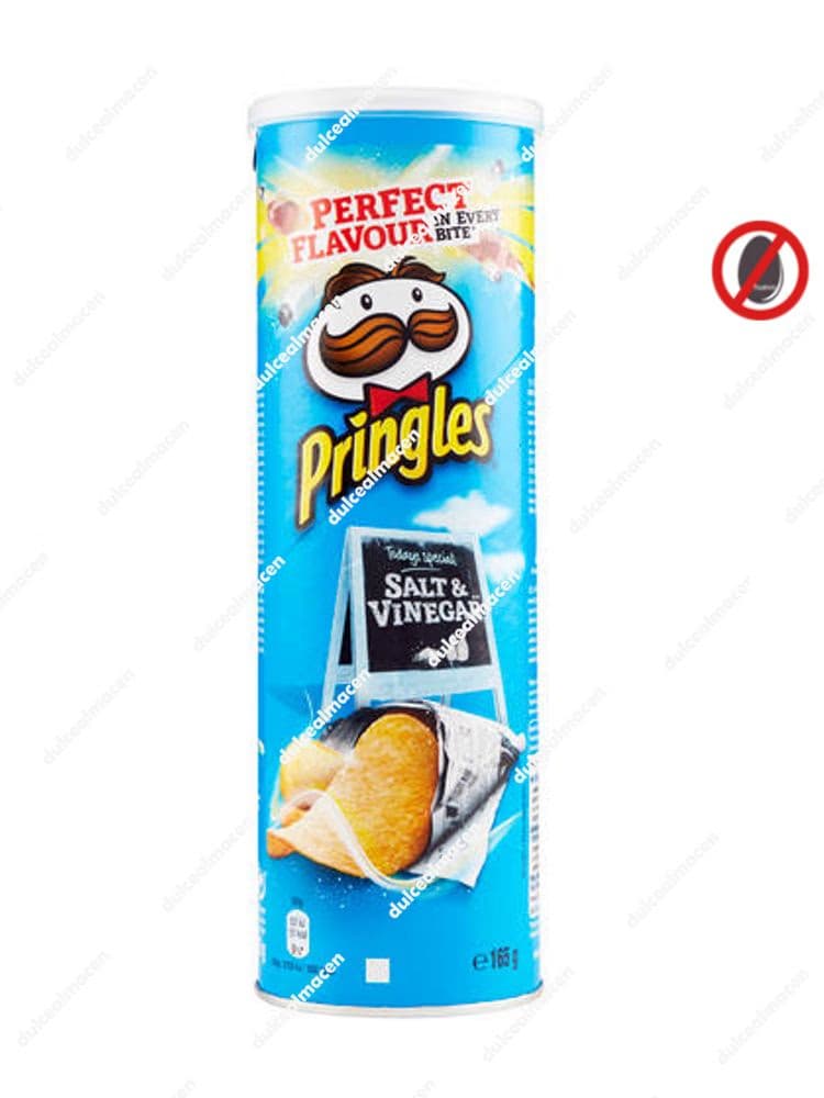 Bote grande de Pringles de color azul sabor Salt & Vinegar de 165 gramos, con el logotipo de la marca y una ilustración de saleros y vinagre - Dulcealmacen