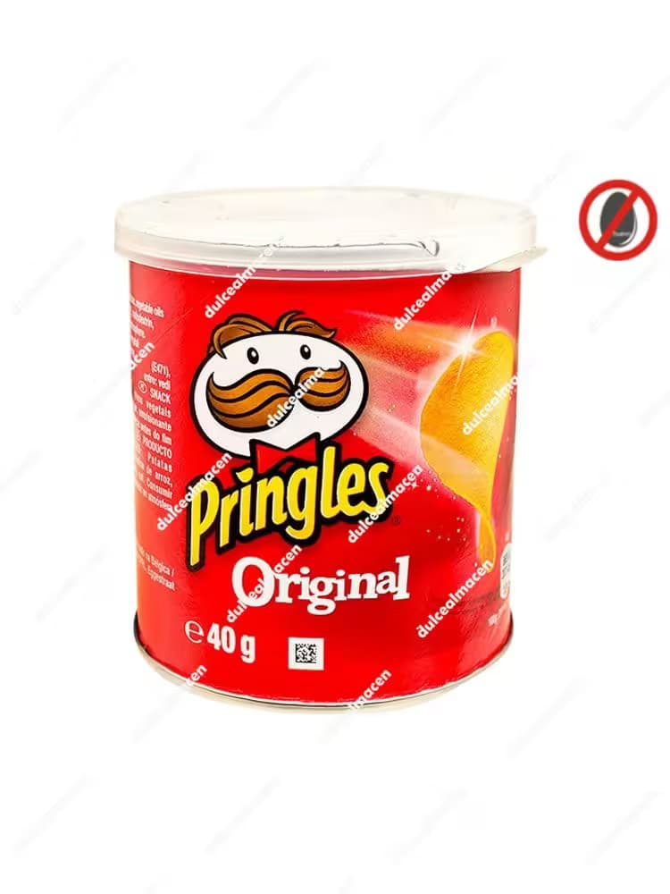 Bote pequeño de Pringles Original de 40 gramos de color rojo con la cara icónica de la marca, ideal para consumo individual - Dulcealmacen