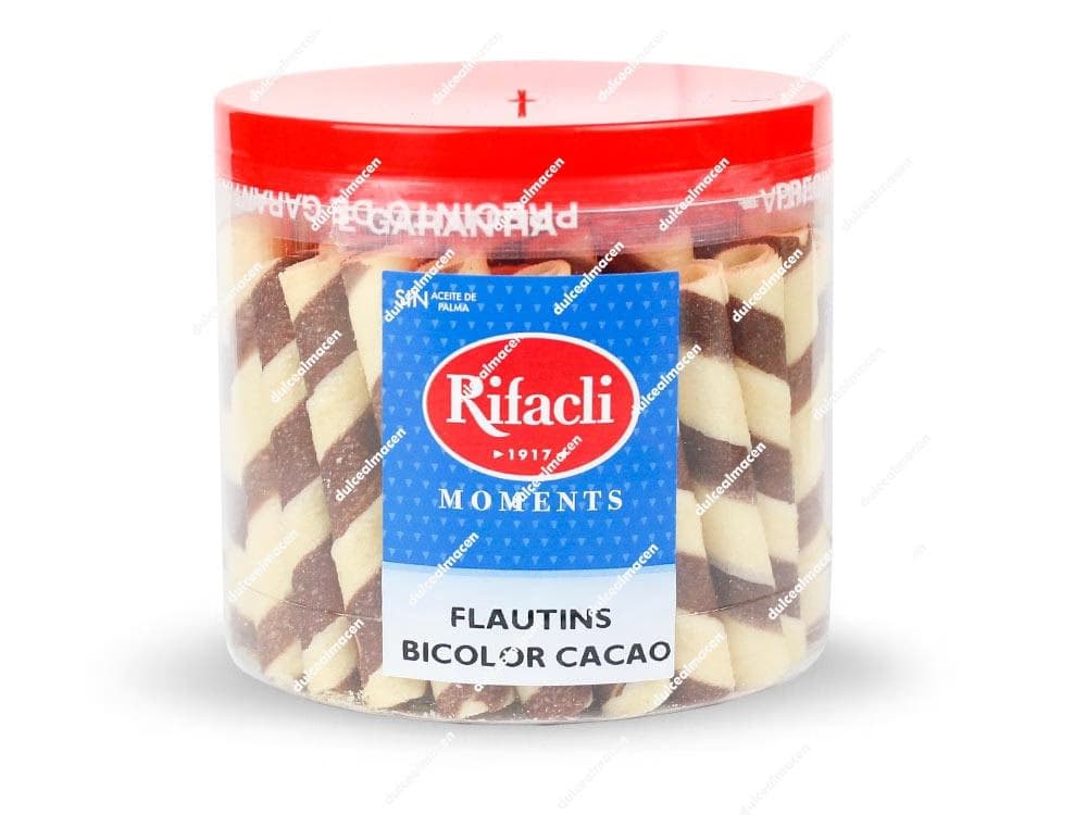 Rifacli Mufy Barquillo Bicolor Cacao Crujientes Flautins de Galleta Bote de 50 uds