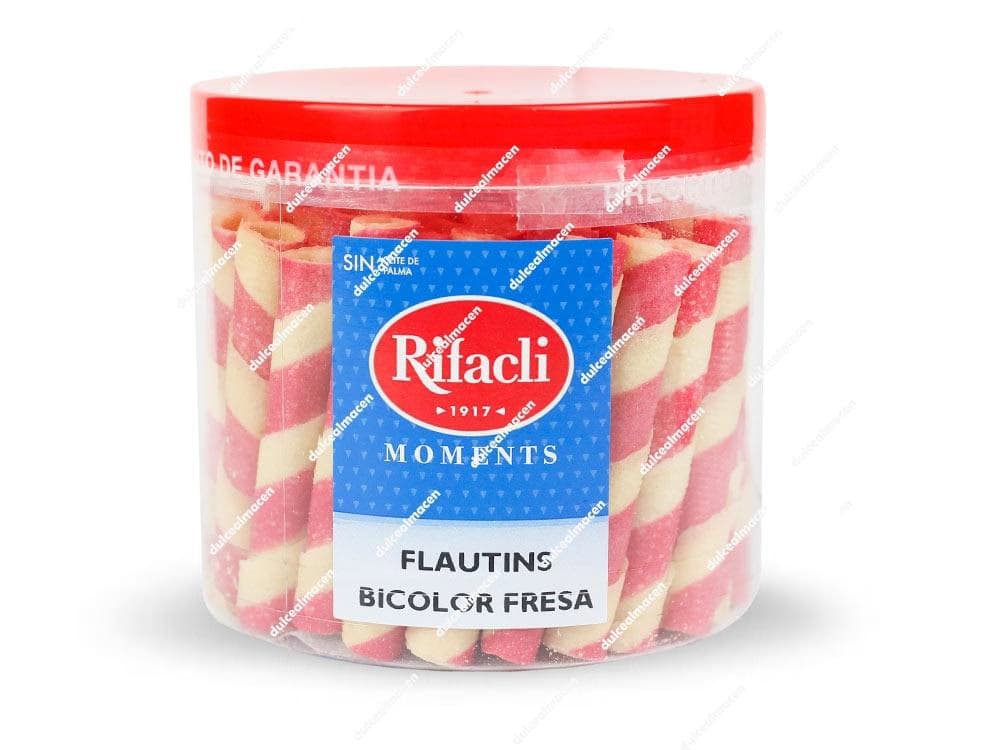 Bote de 50 unidades de barquillos Mufy Bicolor Fresa de Rifacli (Flautins), mostrando los canutillos con espirales rosas en un tarro transparente con tapa roja - Dulcealmacen