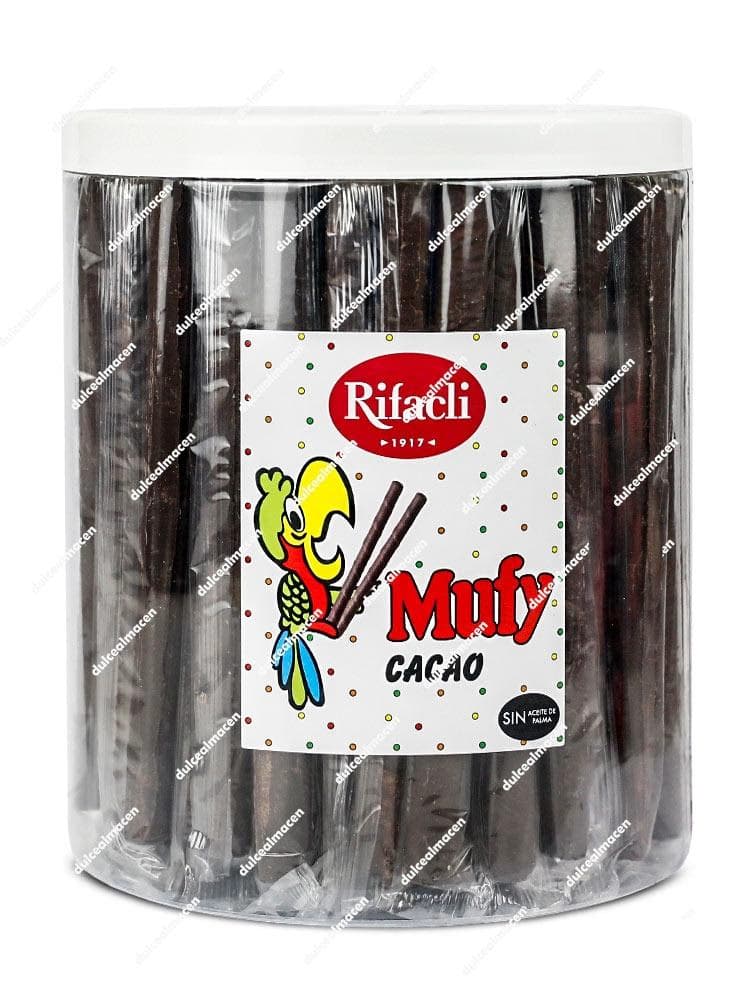 Bote transparente de 90 unidades de barquillos Mufy Cacao de Rifacli, con etiqueta blanca y roja que muestra un loro animado - Dulcealmacen