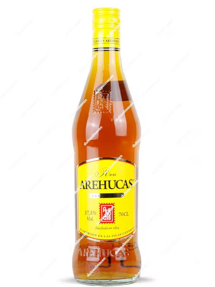 Botella de Ron Arehucas 0.70L Carta de Oro con etiqueta amarilla y tapón rojo - Dulcealmacen