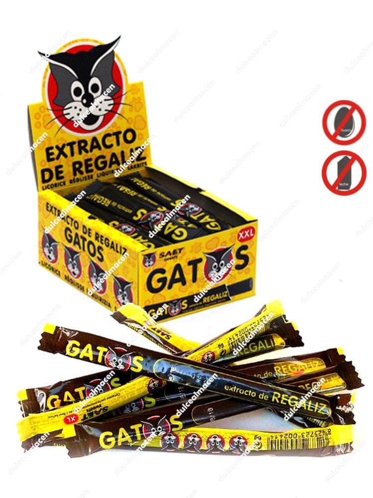 Caja expositora de regaliz negro envasado individualmente Saet Gatos Regaliz XL 85 uds de Dulcealmacen