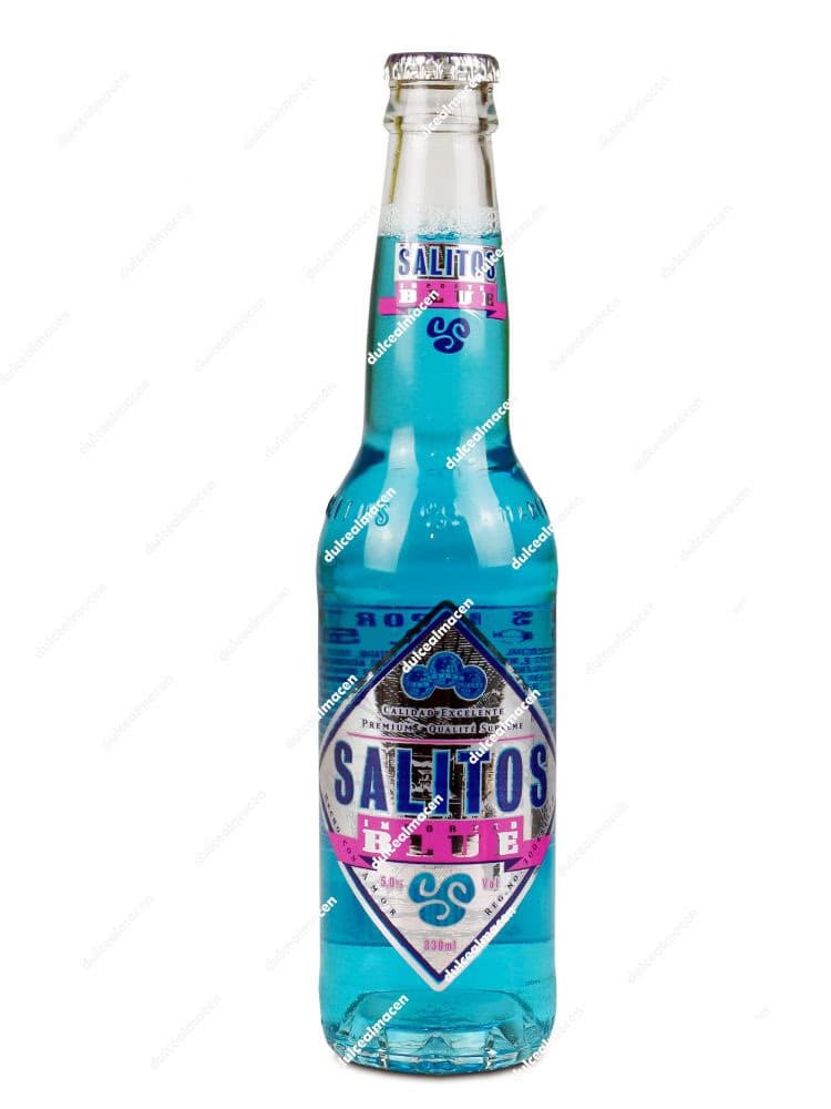 Botella de cristal de 330 ml de Salitos Blue con líquido azul brillante y etiqueta plateada sobre fondo blanco en Dulcealmacen