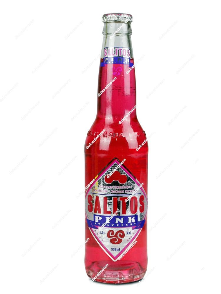 Botella de cristal de 330 ml de Salitos Pink con líquido rosa brillante y etiqueta plateada sobre fondo blanco en Dulcealmacen