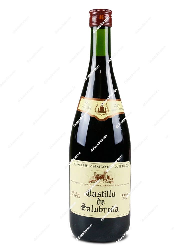 Botella de cristal de 1 litro de mosto tinto Castillo de Salobreña con etiqueta clásica beige sobre fondo blanco en Dulcealmacen