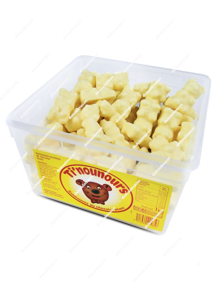 Estuche transparente de Agruconf Ositos Chocolate Blanco 1 kg con etiqueta amarilla de Ti'nounours mostrando los ositos recubiertos - Dulcealmacen
