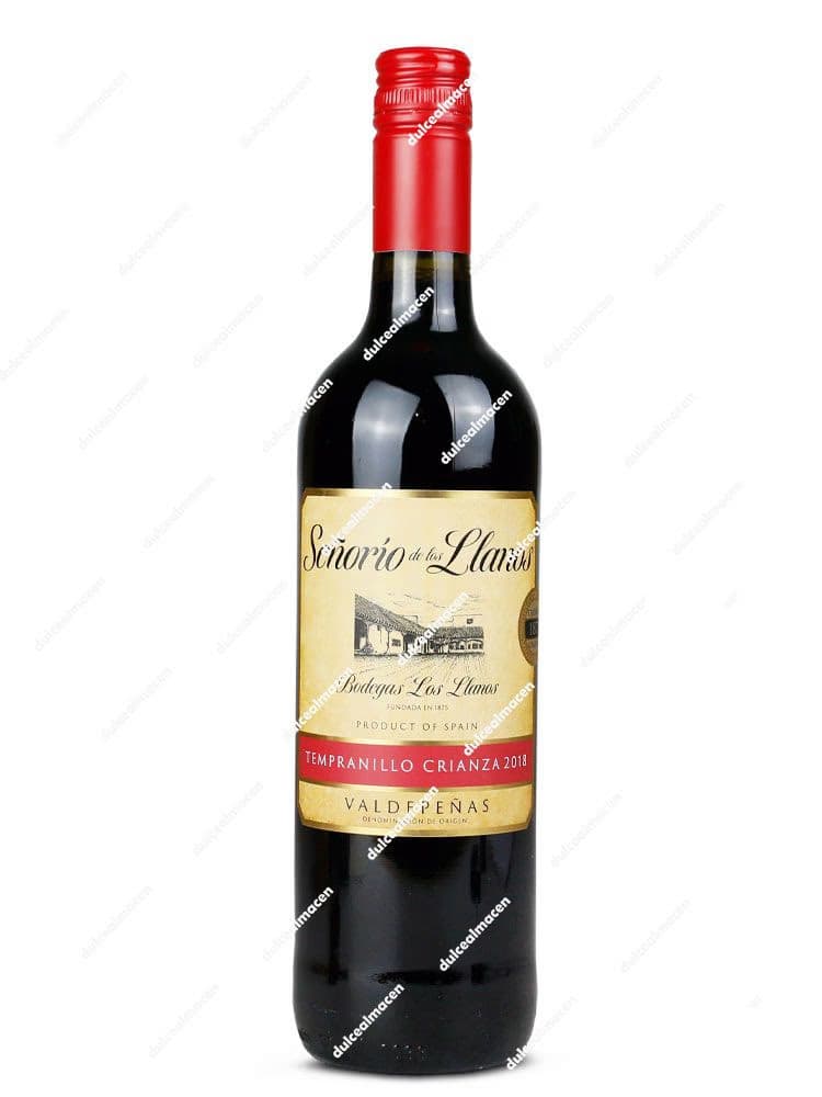 Botella de 75 cl de vino tinto Señorío de los Llanos Crianza con etiqueta crema, detalles dorados y cápsula roja sobre fondo blanco en Dulcealmacen