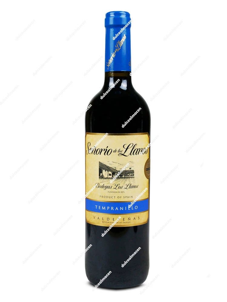 Botella de 75 cl de vino tinto Señorío de los Llanos Tempranillo con etiqueta beige, detalles azules y cápsula azul sobre fondo blanco en Dulcealmacen