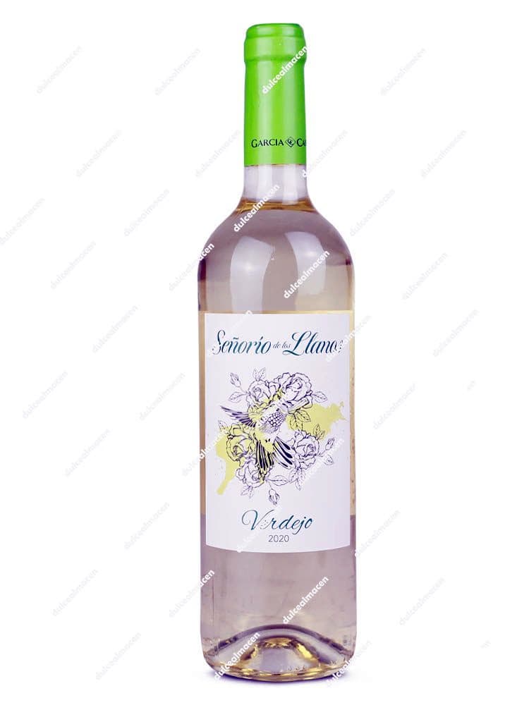 Botella de 75 cl de vino blanco Señorío de los Llanos Verdejo con etiqueta beige, detalles azules y cápsula azul sobre fondo blanco en Dulcealmacen